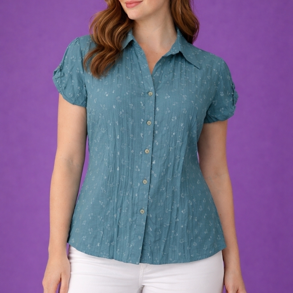 EAST 5TH Coquette Floral Eyelet Short Sleeve Button Down Blouse